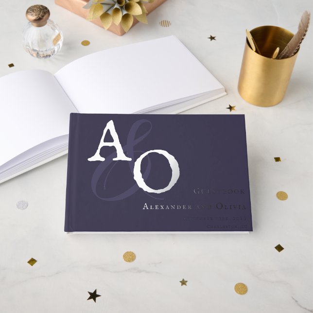 Plum Purple Minimalist Monogram Wedding Foil Guest Book (Front Open)