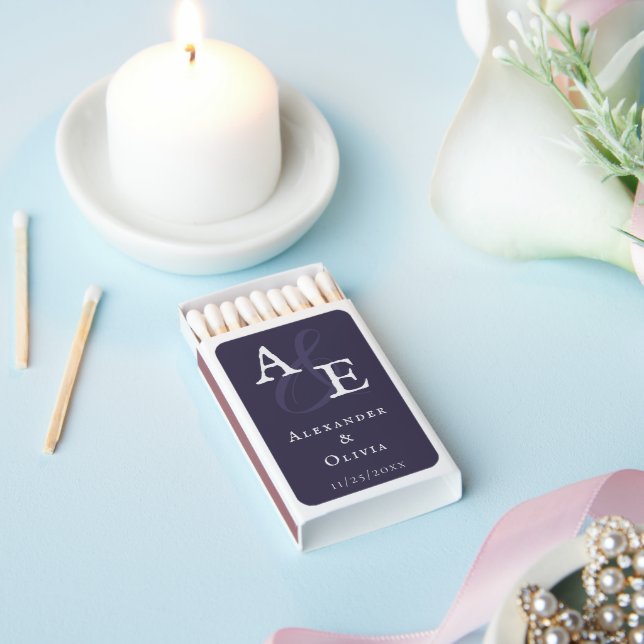 Plum Purple Minimalist Monogram Wedding Matchboxes (Insitu)