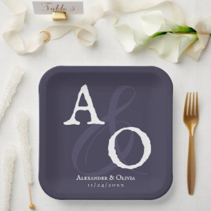 Plum Purple Minimalist Monogram Wedding Paper Plates
