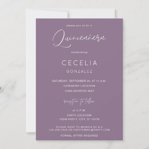 Plum Purple MOD Calligraphy Quinceanera  Ceremony Invitation