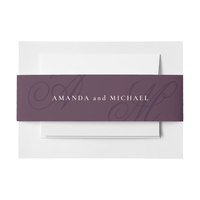 Plum Purple Modern Edge Elegant Monogram Wedding Invitation Belly Band (Front Example)