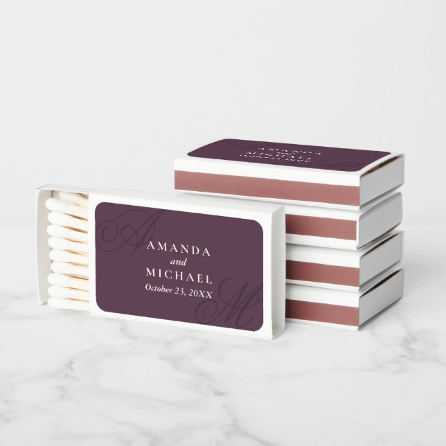 Plum Purple Modern Edge Elegant Monogram Wedding Matchboxes (Stacked)