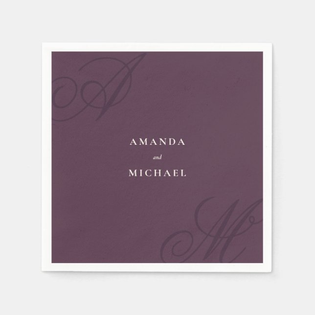 Plum Purple Modern Edge Elegant Monogram Wedding Napkins (Front)