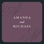 Plum Purple Modern Edge Elegant Monogram Wedding Square Sticker<br><div class="desc">A simple modern minimalist design with an elegant edge, this unique sticker design features beautiful calligraphy script monograms of the bride and groom on alternate corners. The bride and groom's names are centered with a clean classic look on a beautiful plum purple background with ivory text. Replace the sample text...</div>
