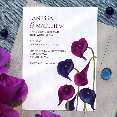 Plum Purple Navy Blue Calla Lilies Wedding Invitation