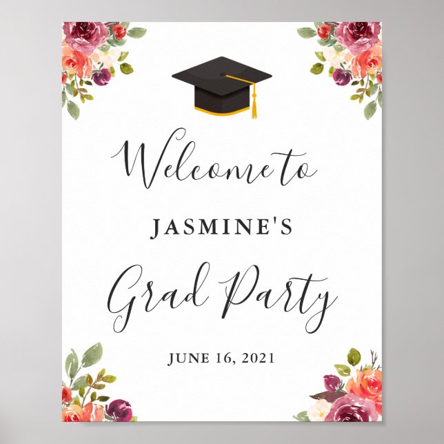 Plum Purple Orange Floral Graduation Welcome Sign (Front)