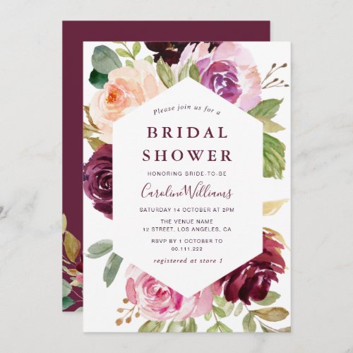 plum purple  peach floral bridal shower invitation