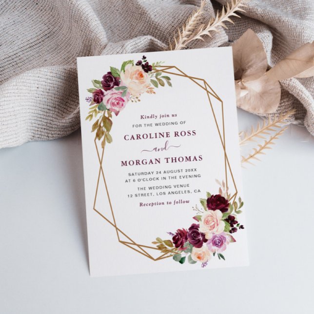 Plum purple & peach floral geometric wedding invitation (Creator Uploaded)