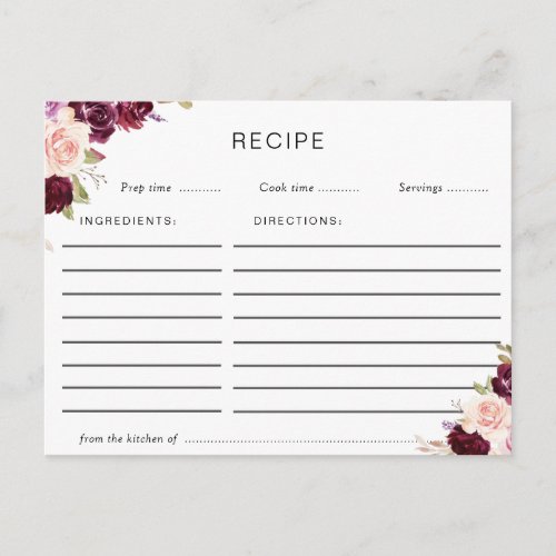 plum purple  peach floral recipe card