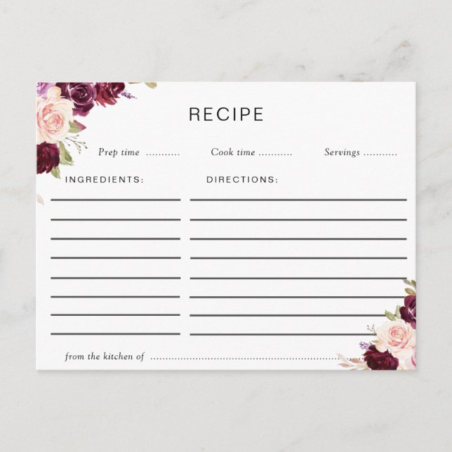plum purple & peach floral recipe card (Front)