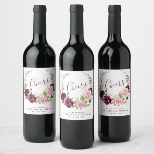 plum purple  peach floral script wedding wine label