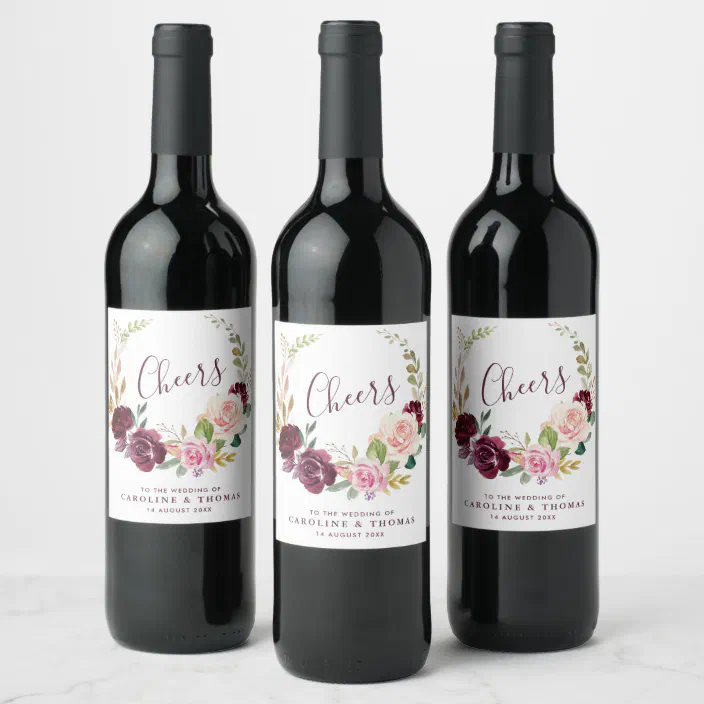 Plum Purple Peach Floral Script Wedding Wine Label Zazzle Com