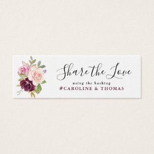 plum purple & peach floral wedding hashtag card