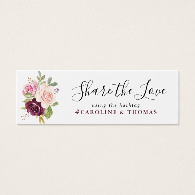 plum purple & peach floral wedding hashtag card (Front)