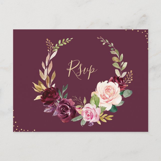 plum, purple & peach floral wreath RSVP Postcard (Front)
