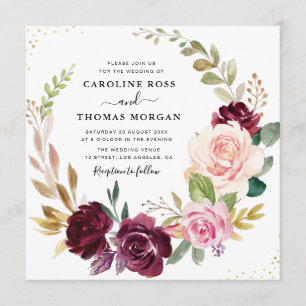 Plum purple & peach floral wreath wedding invitation