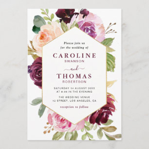 Plum purple & peach gold frame wedding invitation