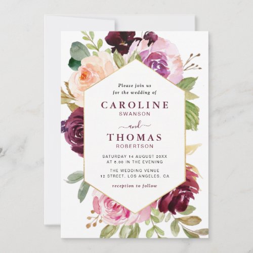 Plum purple  peach gold frame wedding invitation