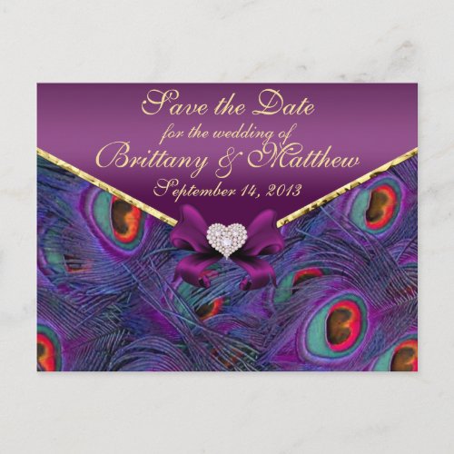 Plum Purple Peacock Save the Date Postcard