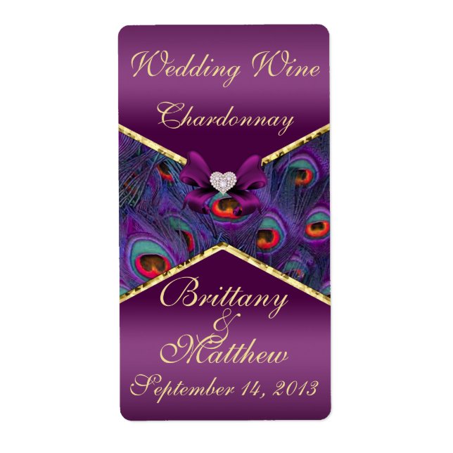 Plum Purple Peacock  Wedding Wine Label (Front)