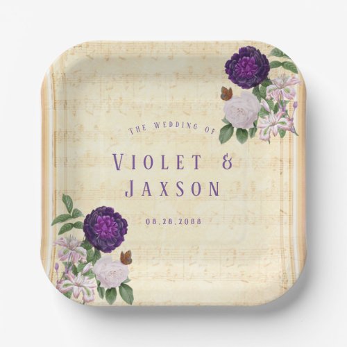 Plum Purple Peony Vintage Musical Wedding Paper Plates