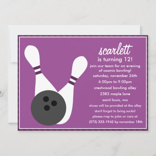 Plum Purple Pin Stripes Bowling Birthday Party Custom Invite