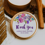 Plum Purple Pink and Blue Flowers Thank You Favor Classic Round Sticker<br><div class="desc">These plum purple pink and blue flowers thank you favor stickers are perfect for a floral baby shower. The design features bright watercolor flowers in magenta pink, plum purple and cornflower blue, and a lovely ultra violet bold script font. Personalize the sticker labels with the name of the guest of...</div>