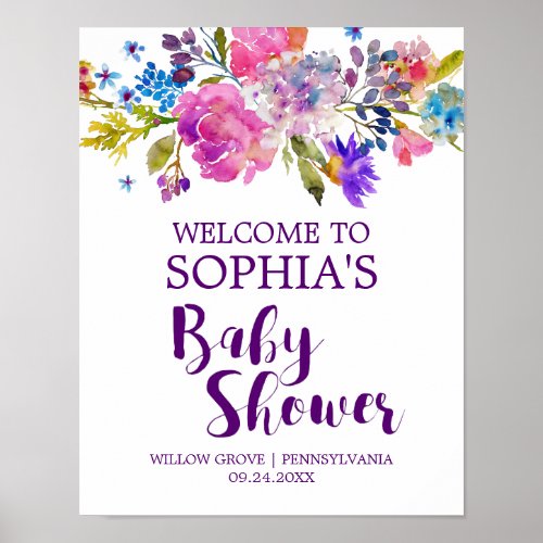 Plum Purple Pink  Blue Flower Baby Shower Welcome Poster