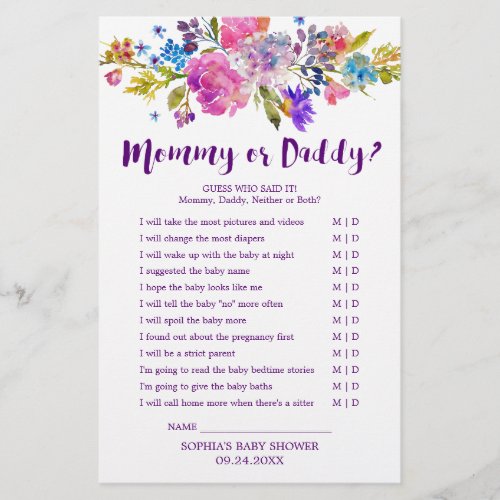 Plum Purple Pink  Blue Flower Mommy or Daddy Game Flyer