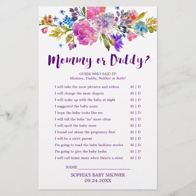 Plum Purple Pink & Blue Flower Mommy or Daddy Game Flyer (Front)