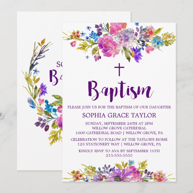 Plum Purple Pink & Blue Flowers Baptism Invitation (Front/Back)