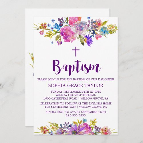 Plum Purple Pink  Blue Flowers Baptism Invitation