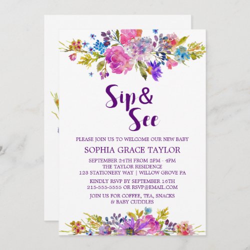 Plum Purple Pink  Blue Flowers Sip and See Invitation