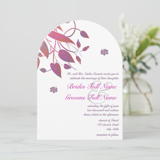 Plum Purple Pink Coral Grey Butterfly Wedding Invitation (Standing Front)
