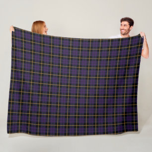 Plum purple plaid black gold stipe tartan fleece blanket
