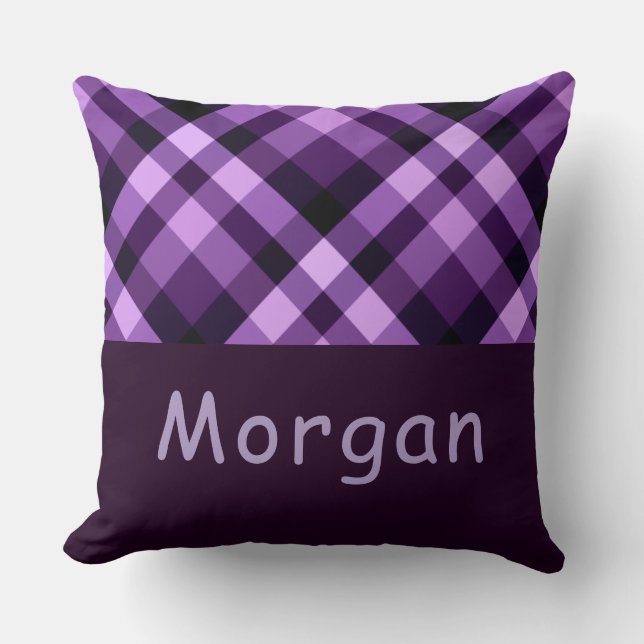 Plum Purple Plaid Monogram Big Throw Pillow (Front)