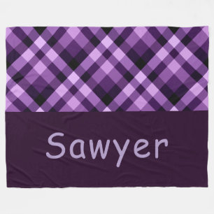 Plum Purple Plaid Monogram Large Fleece Blanket