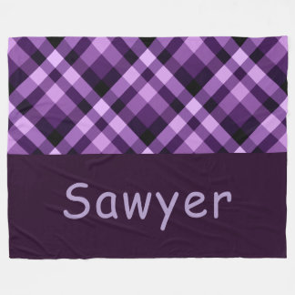 Plum Purple Plaid Monogram Large Fleece Blanket
