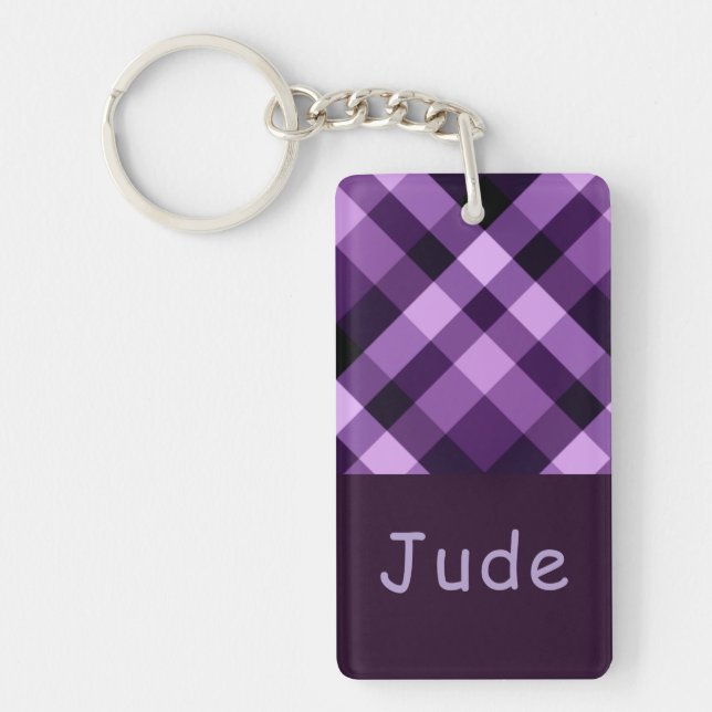 Plum Purple Plaid Monogram Rectangle Keychain (Front)