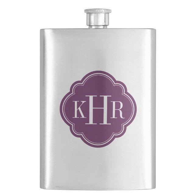Plum Purple Quatrefoil Custom Monogram Flask (Front)