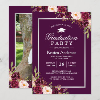 Plum Purple Red Floral Photo Graduation Party Invitation