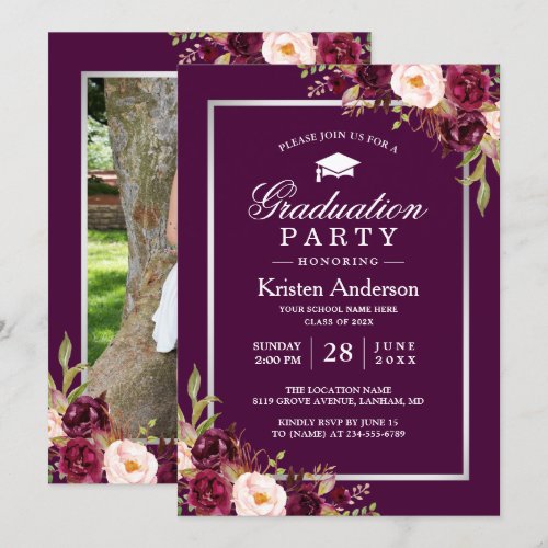 Plum Purple Red Floral Photo Graduation Party Card