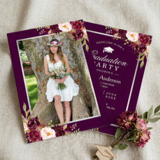 Plum Purple Red Floral Photo Graduation Party Invitation
