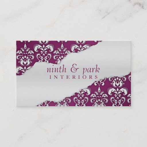 Customizable Plum Purple Ripped Damask Interior Design Business Cards