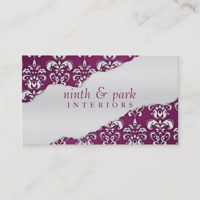 Plum Purple Ripped Damask Interior Design Business Card (Front)