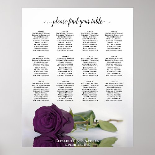 Plum Purple Rose 12 Table Wedding Seating Chart