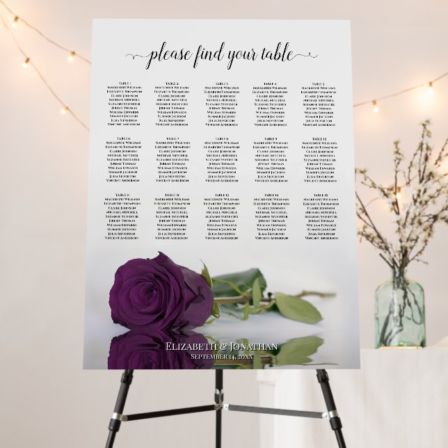 Plum Purple Rose 15 Table Wedding Seating Chart Foam Board (In Situ (Stand))