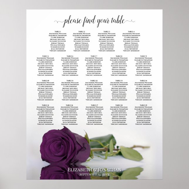 Plum Purple Rose 19 Table Wedding Seating Chart (Front)