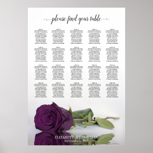 Plum Purple Rose 20 Table Wedding Seating Chart