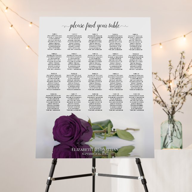 Plum Purple Rose 20 Table Wedding Seating Chart Foam Board (In Situ (Stand))